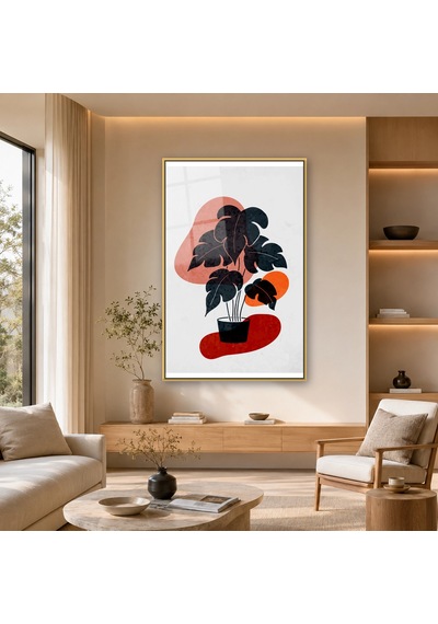Saksıda Minimal Monstera Gold Çerçeveli Cam Tablo