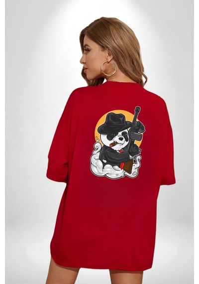 Gangster Panda Kırmızı Oversize Unisex Ön Ve Sırt Baskılı Tişört Kırmızı