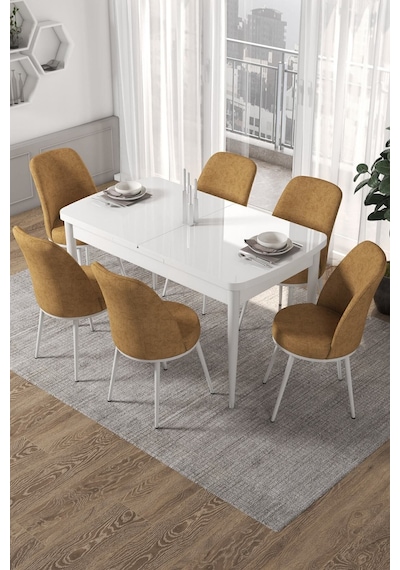 Canisa Concept Kor Serisi, 70x114 Açılabilir Beyaz Yemek Masası Takımı,6 Cappucino Sandalye Masa Beyaz Sandalyeler Cappucıno