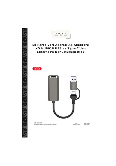 Ek Parça Veri Aparatı Ag Adaptörü Xo Hub018 Usb Ve Type-c'den Ethernet'e Dönüştürücü Rj45
