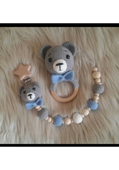 Amigurumi Ayıcık Çıngırak Ve Emzik Zinciri Yenidoğan Hediyelik