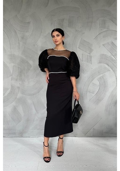 Elbee Fashion Woman Kolları Dantelli İnci Detaylı Elbise - Siyah-beyaz-7430 Siyah