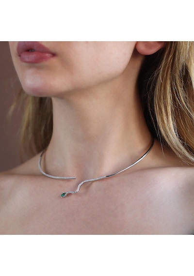 Yeşil Zirkon Taşlı Serpent Choker Gümüş Kolye Gümüş