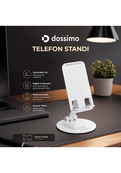 Dossimo Katlanabilir 360 Dönebilen Ayarlanabilir Telefon Tutucu Masa Üstü Stand Dst-05 Beyaz