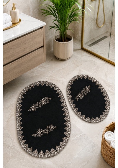 Siyah 2li Fransız Dantelli Lüks Banyo Paspası Kaymaz Çeyizlik Oval Banyo Paspas Seti Lauris