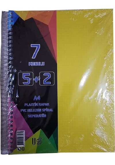 5+2 Ayraçlı Defter 7 Konulu 175 Yaprak 1 Adet 5 Kareli 2 Çizgili Spralli Plastik Kapak Seperatörlü Sarı