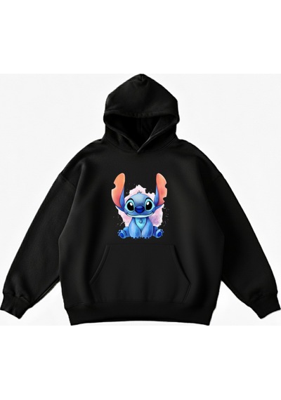 Maki Home Makiteks Siyah Pamuklu Unisex Cepli Kapüşonlu Rahat Kesim Sevimli Canavar Baskılı Sweatshirt SiYAH