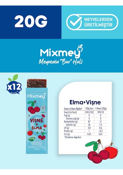 Mixmey Vişne Meyve Barı 12 Adet | Atıştırmalıklar – Vegan, Glutensiz, Koruyucusuz (20GR X 12 ADET)