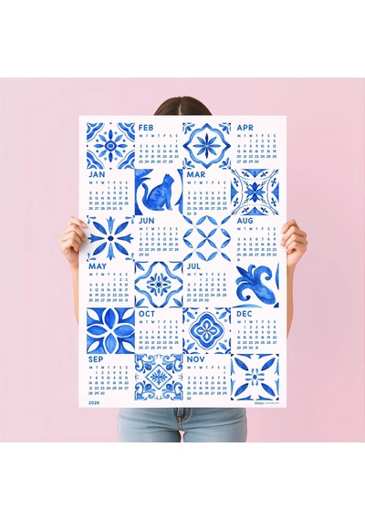 2027 Azulejo Duvar Takvimi Portekiz Mavi Karo Sanatı Suluboya Akdeniz Desenleri