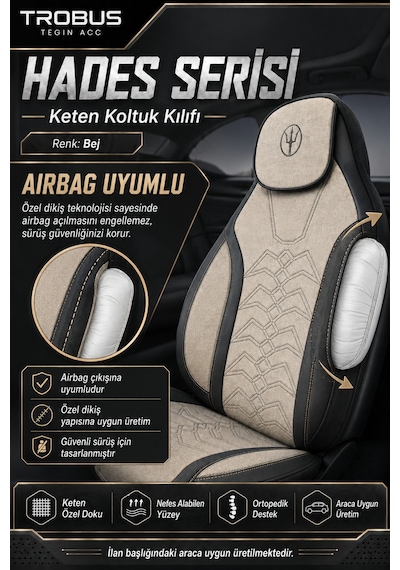 Tesla Model 3 2017 Ve Sonrası Uyumlu Hades Serisi Keten Koltuk Kılıfı Bej Siyah