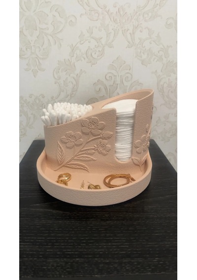3d Baskı Çiçek Kabartmalı Makyaj Pamuğu Ve Kulak Çubuğu Tutucu Takı Tepsili Banyo Düzenleyici - Pembe Açık Altın