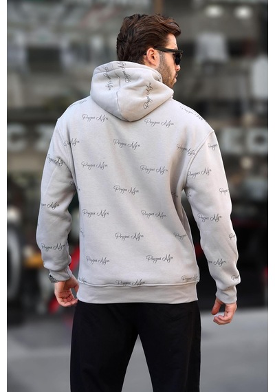 Madmext Boyalı Gri Baskılı Kapşonlu Cep Detaylı Erkek Sweatshirt 7075 Gri