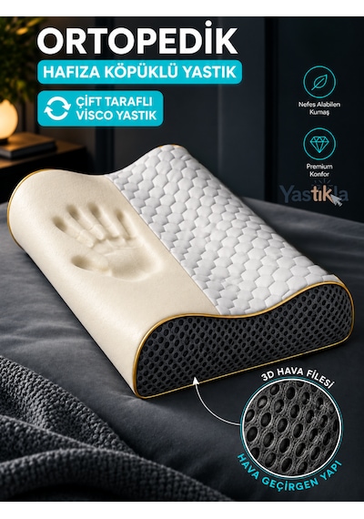 Büyük Boy Ortopedik Visco Yastık Boyun Ve Omurga Destekli Çift Taraflı 60x40x12-14 Cm Beyaz - Antrasit