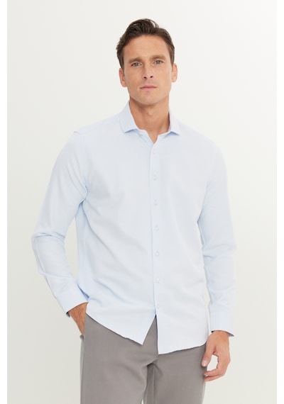AC&Co / Altınyıldız Classics Erkek Beyaz-mavı Slim Fit Dar Kesim İtalyan Yaka Armürlü Pamuklu Basic Gömlek Beyaz-mavı