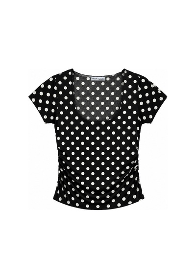 Vadon 1004 Kadın Pamuklu Kare Yaka Puantiyeli Yan Büzgü Detaylı Crop T-shirt Bluz Siyah