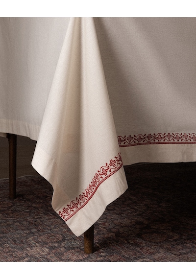 Madame Coco Ombrelot %100 Pamuk Masa Örtüsü - Ekru/kırmızı - 150x220 Cm 8684427298190 Çok Renkli