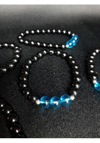 Mryart Doğal Görünümlü Siyah & Mavi Cam Boncuklu El Yapımı Bileklik - Unisex Siyah - Mavi