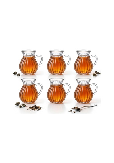 6'li Kulplu Borosilikat Fitil Desenli Cam Çay Bardağı Seti - Şeffaf Ve Isıya Dayanıklı Şık Çay Takımı 180ml Çok Renkli