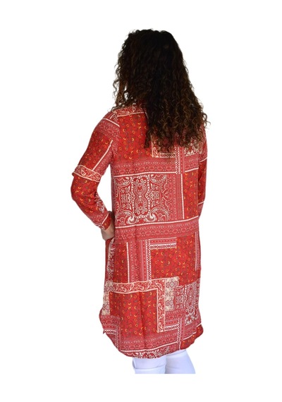 Kadın Uzun Pano Baskılı Desen Viscon Bluz Bgl-st04295 Kıremıt