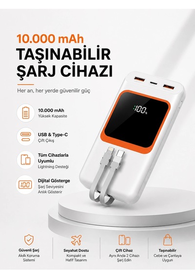 Hubrendy Tekno 10.000 Mah Bataryalı, Dijital Göstergeli Taşınabilir Powerbank Diğer
