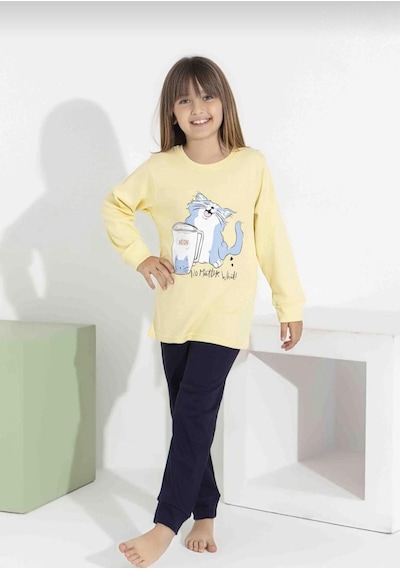Kız Çocuk Kedi Baskılı Uzun Kollu Pijama Takımı Rahat Ev Giyimi-8411- Sarı