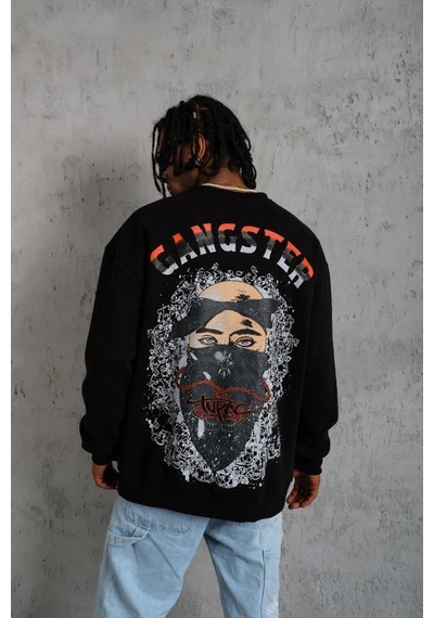 Ertaştrendstore Erkek 3 İplik Pamuklu Bisiklet Yaka Gangster Baskılı Sweatshirt - Siyah Çok Renk