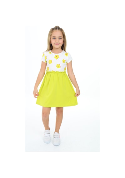 Toontoy Kız Çocuk Eteği Garnili Çiçek Baskılı Elbise Yeşil
