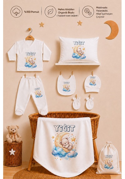 Pia Baby Kişiye Özel %100 Pamuk Erkek Bebek Hastane Çıkışı Zıbın Seti 8 Parça Kese Hediyeli 1113zybk0x Ekru