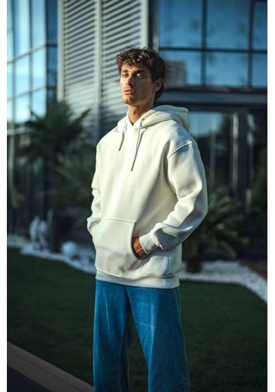 Vexor Üç İplik Penye Kapşonlu Basic Sweatshirt - Beyaz