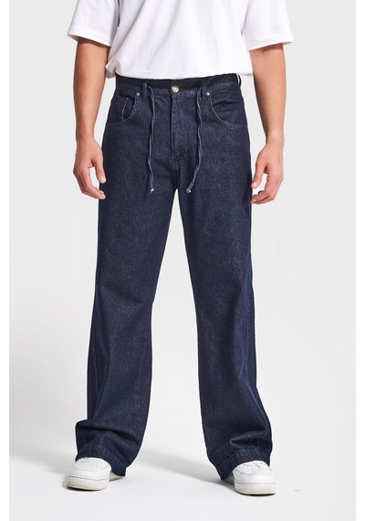 Itsbasic Erkek İndigo Renk Nc17 7w5-50 Relaxed Baggy Fit Kemeri Bağcıklı İç Boy 79cm %100 Koton Denim Jean