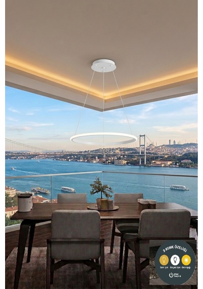 Tekli Halka Beyaz Led Sarkıt Avize 3 Renkli Modern Salon & Antre Aydınlatma 40 Cm