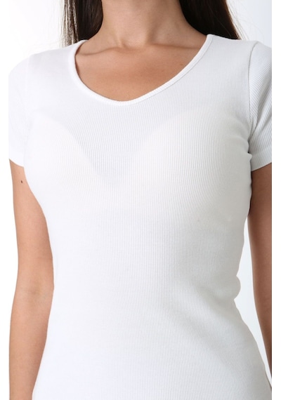 Rooted-kadın Basic V Yaka T-shirt ,fitilli Kaşkorse Kumaş Bluz BEYAZ