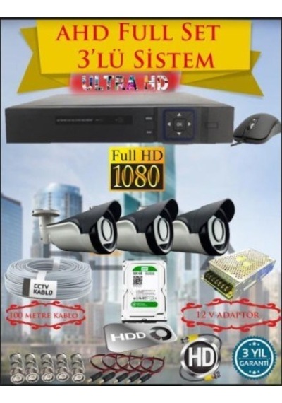 2mp Ahd 1080p Gece Görüşlü 3 Kameralı Güvenlik Sistemi 500gb Hdd