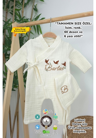 Gros Shop Müslin Yeni Doğan 4katlı Organik %100pamuk Kişiye Özgü Nakışlı Hastane Çıkış Seti 3'lü Kelebk Model Ekru-5