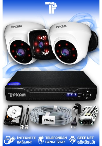 Picam 3 Kameralı Panda 2 İç Kamera Set 1 TB HDD Full HD Gece Görüşlü Güvenlik Kamerası Sistemi