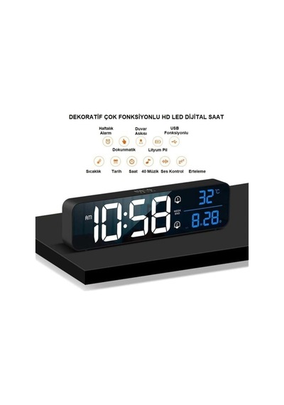 Hd Led Ekranlı Aynalı Elektronik Saat Sıcaklık Tarih Dijital Masa Saati