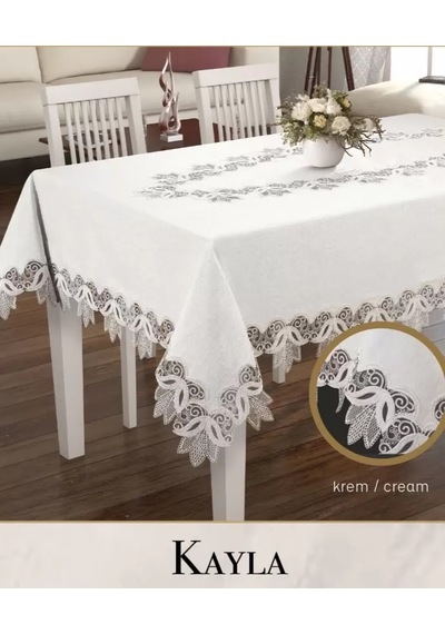 Kayla Model Krem 155x220 Cm Keten Dantel Dekoratif Zarif Yemek Masası Örtüsü Sarı