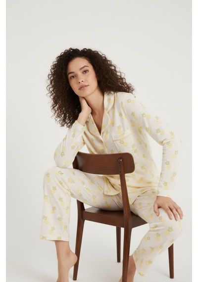 Luxury Viscose Ananas Desenli Kadın Uzun Kollu Pijama Takımı 42571 Sarı