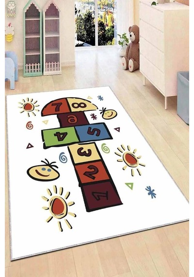Çok Renkli Kaymaz Tabanlı Seksekli Çocuk Halısı Kd064n11
