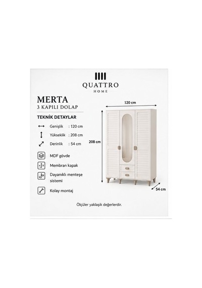 Merta 3 Kapaklı Dolap Krem