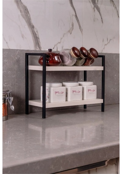 Dione Store Masaüstü Mutfak-banyo Rafı Tezgah Üstü Düzenleyici Baharatlık Raf Metal-ahşap Masa Üstü Servis Rafı Siyah
