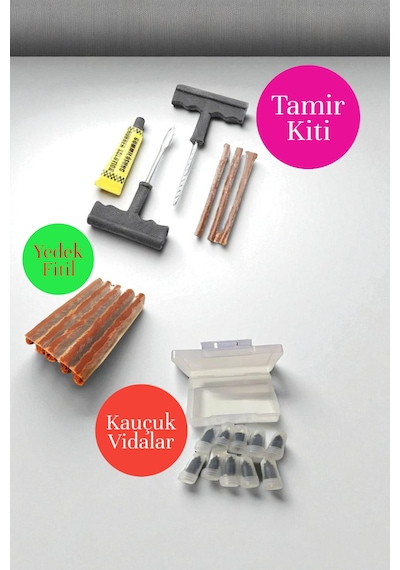 Lastik Tamir Kiti Fitil Atma Seti+ Lastik Tamir Kiti Kauçuk Vida Seti+5 Li Yedek Fitil