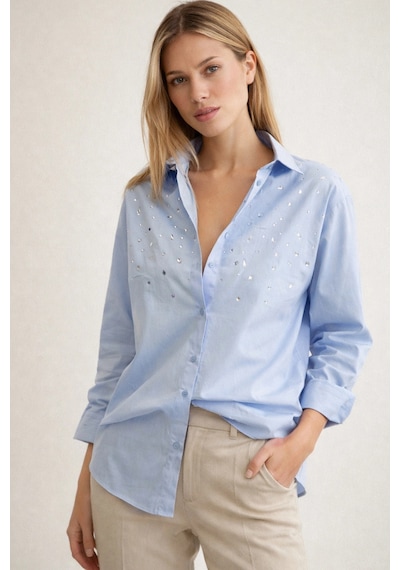 Meine Liebe Unterwäsche Taş Detaylı Oversize Gömlek Mavi
