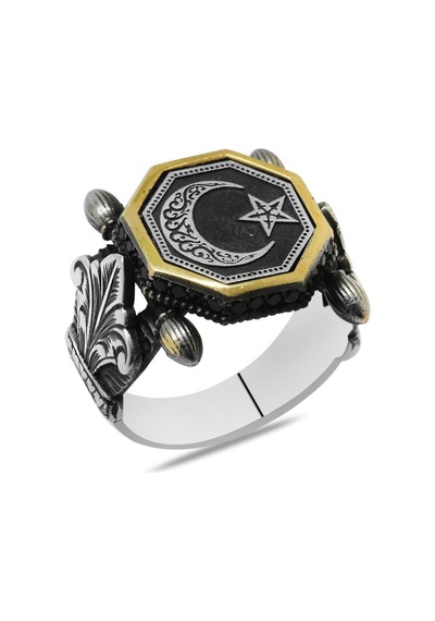 Otantik Tasarım Siyah Zirkon Taşlı Ayyıldız İşlemeli 925 Ayar Gümüş Erkek Yüzük