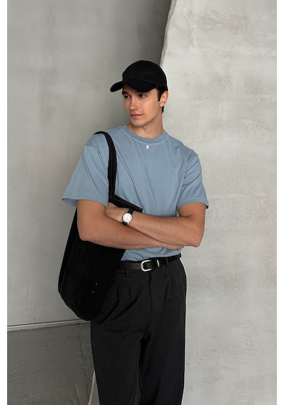 Hyman Erkek %100 Pamuk Oversize Basic T-shirt Açık Mavi