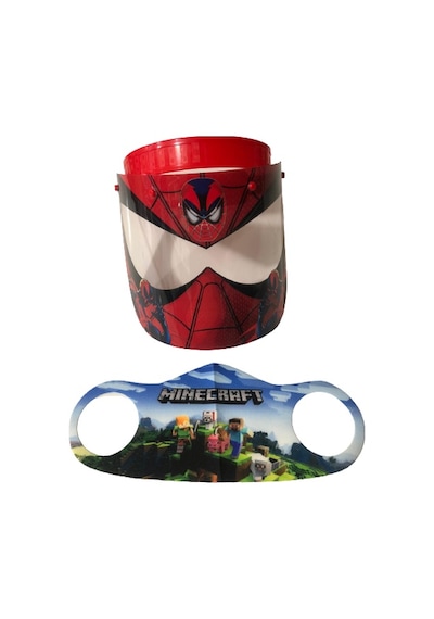 Gürbey Spiderman Baskılı Çocuk Siperlik + Minecraft Desenli Çocuk Maske