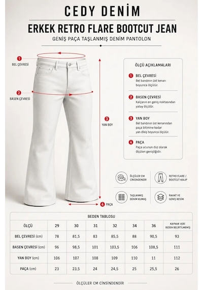Cedy Denim Cedy Denım Premium Seri: Erkek Retro Flare Bootcut Jean - Geniş Paça Taşlanmış Denim Pantolon C370 Lacivert