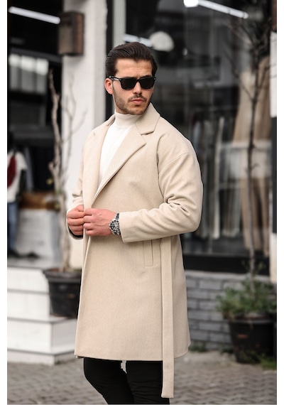 Mero Life Erkek Bej Kemerli Oversize Rahat Kesim Kaşe Kaban Bej