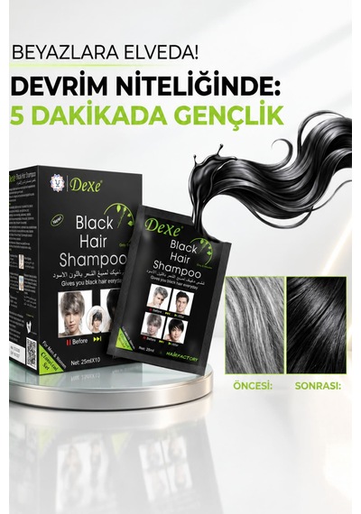 Dexe Beyaz Kapatıcı Siyah Saç Boyama Şampuanı 10'lu Saşe - 10 Paket 25ml