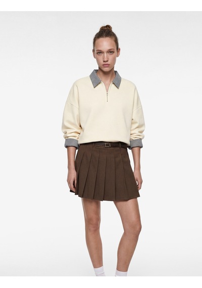 Koton Rahat Kalıp Uzun Kollu Kareli Yaka Detaylı Yarım Fermuarlı Sweatshirt Taş 6sal10557ık